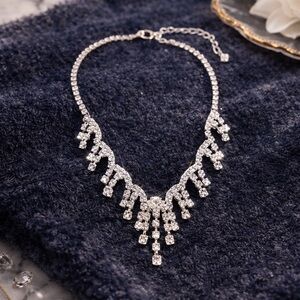 Silver Rhinestone Fringe Statement Necklace Bridal Prom Wedding Sparkly